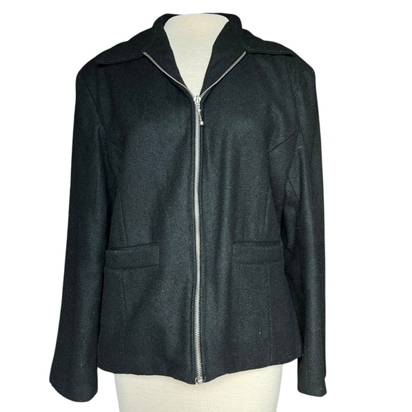 VINTAGE 90s Women’s Preppy Classic Chic Black Wool Zip Up Jacket Sz 6/8 - Picture 2 of 6
